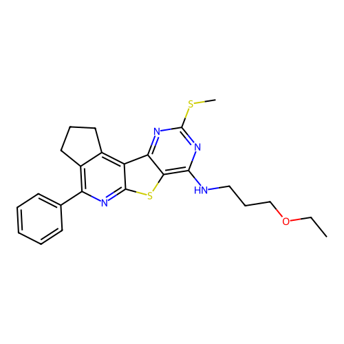 N-(3-ethoxypropyl)-9-(methylsulfanyl)-4-phenyl-2,3-dihydro-1H-cyclopenta[4',5']pyrido[3',2':4,5]thieno[3,2-d]pyrimidin-7-amine structure