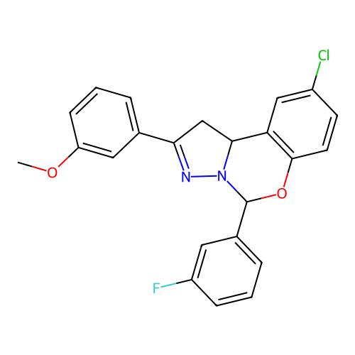9-chloro-5-(3-fluorophenyl)-2-(3-methoxyphenyl)-1,10b-dihydropyrazolo[1,5-c][1,3]benzoxazine structure
