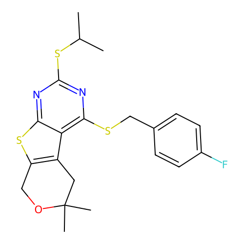 4-((4-fluorobenzyl)thio)-2-(isopropylthio)-6,6-dimethyl-6,8-dihydro-5H-pyrano[4',3':4,5]thieno[2,3-d]pyrimidine structure