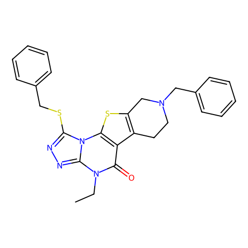 8-benzyl-1-(benzylsulfanyl)-4-ethyl-6,7,8,9-tetrahydropyrido[4',3':4,5]thieno[3,2-e][1,2,4]triazolo[4,3-a]pyrimidin-5(4H)-one structure
