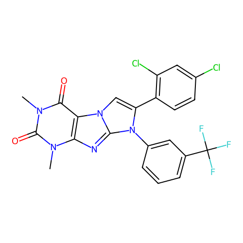 7-(2,4-dichlorophenyl)-1,3-dimethyl-8-(3-(trifluoromethyl)phenyl)-1H-imidazo[2,1-f]purine-2,4(3H,8H)-dione structure