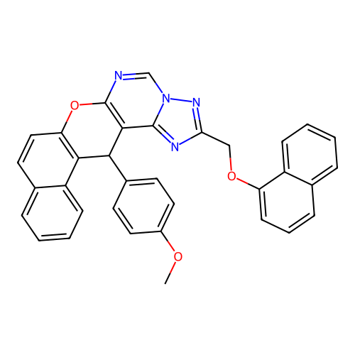 14-(4-methoxyphenyl)-2-[(naphthalen-1-yloxy)methyl]-14H-benzo[5,6]chromeno[3,2-e][1,2,4]triazolo[1,5-c]pyrimidine structure