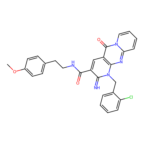 {1-[(2-chlorophenyl)methyl]-2-imino-5-oxo(1,6-dihydropyridino[1,2-a]pyridino[2,3-d]pyrimidin-3-yl)}-N-[2-(4-methoxyphenyl)ethyl]carboxamide structure