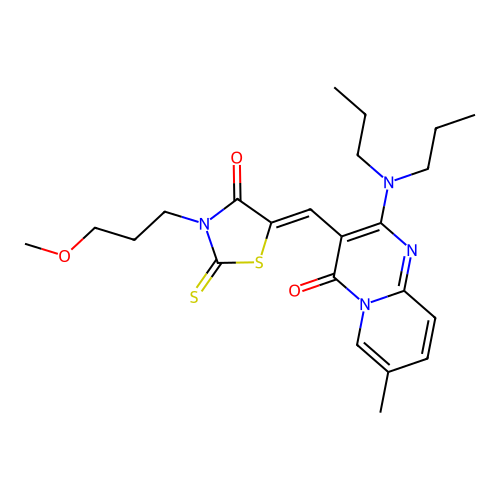 2-(dipropylamino)-3-{(Z)-[3-(3-methoxypropyl)-4-oxo-2-thioxo-1,3-thiazolidin-5-ylidene]methyl}-7-methyl-4H-pyrido[1,2-a]pyrimidin-4-one structure