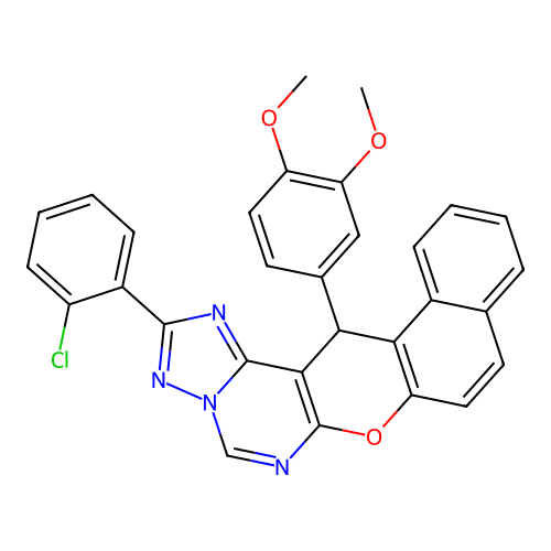 2-(2-chlorophenyl)-14-(3,4-dimethoxyphenyl)-14H-benzo[5,6]chromeno[3,2-e][1,2,4]triazolo[1,5-c]pyrimidine structure