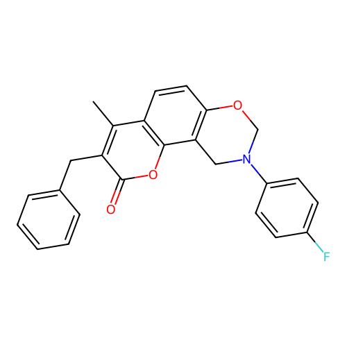 3-benzyl-9-(4-fluorophenyl)-4-methyl-9,10-dihydro-2H,8H-chromeno[8,7-e][1,3]oxazin-2-one structure