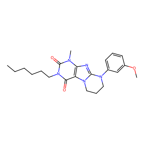 3-hexyl-9-(3-methoxyphenyl)-1-methyl-6,7,8,9-tetrahydropyrimido[2,1-f]purine-2,4(1H,3H)-dione structure