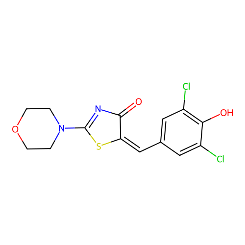 (E)-5-(3,5-dichloro-4-hydroxybenzylidene)-2-morpholinothiazol-4(5H)-one structure