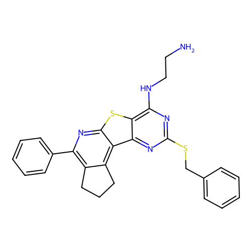 N-[9-(benzylsulfanyl)-4-phenyl-2,3-dihydro-1H-cyclopenta[4',5']pyrido[3',2':4,5]thieno[3,2-d]pyrimidin-7-yl]ethane-1,2-diamine structure