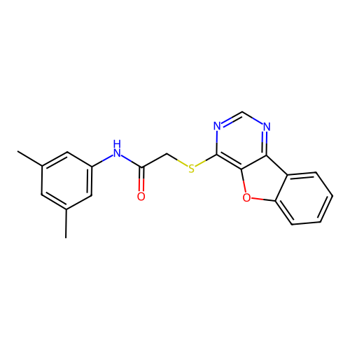 2-(benzofuro[3,2-d]pyrimidin-4-ylthio)-N-(3,5-dimethylphenyl)acetamide structure