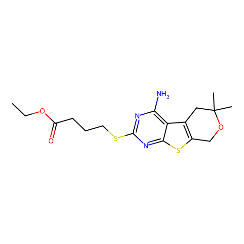 ethyl 4-((4-amino-6,6-dimethyl-6,8-dihydro-5H-pyrano[4',3':4,5]thieno[2,3-d]pyrimidin-2-yl)thio)butanoate structure