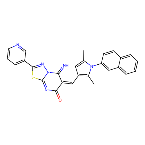 (E)-6-((2,5-dimethyl-1-(naphthalen-2-yl)-1H-pyrrol-3-yl)methylene)-5-imino-2-(pyridin-3-yl)-5H-[1,3,4]thiadiazolo[3,2-a]pyrimidin-7(6H)-one structure