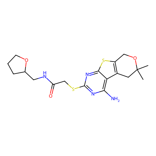2-((4-amino-6,6-dimethyl-6,8-dihydro-5H-pyrano[4',3':4,5]thieno[2,3-d]pyrimidin-2-yl)thio)-N-((tetrahydrofuran-2-yl)methyl)acetamide structure