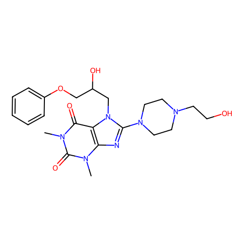 7-(2-hydroxy-3-phenoxypropyl)-8-(4-(2-hydroxyethyl)piperazin-1-yl)-1,3-dimethyl-1H-purine-2,6(3H,7H)-dione structure