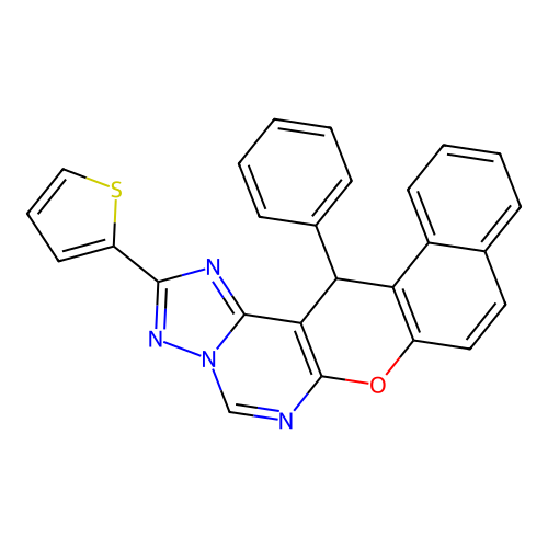 14-phenyl-2-(thiophen-2-yl)-14H-benzo[5,6]chromeno[3,2-e][1,2,4]triazolo[1,5-c]pyrimidine structure