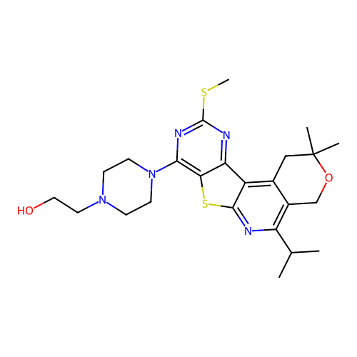2-(4-(5-isopropyl-2,2-dimethyl-10-(methylthio)-2,4-dihydro-1H-pyrano[4'',3'':4',5']pyrido[3',2':4,5]thieno[3,2-d]pyrimidin-8-yl)piperazin-1-yl)ethanol structure