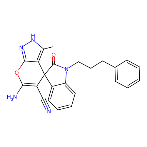 6'-amino-3'-methyl-2-oxo-1-(3-phenylpropyl)-1'H-spiro[indoline-3,4'-pyrano[2,3-c]pyrazole]-5'-carbonitrile structure