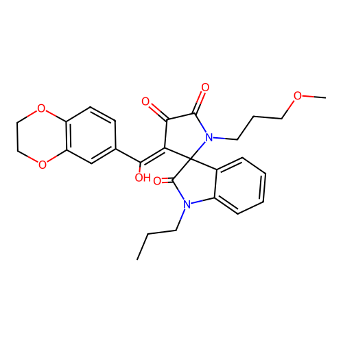 (3'E)-3'-[2,3-dihydro-1,4-benzodioxin-6-yl(hydroxy)methylidene]-1'-(3-methoxypropyl)-1-propylspiro[indole-3,2'-pyrrolidine]-2,4',5'(1H)-trione structure