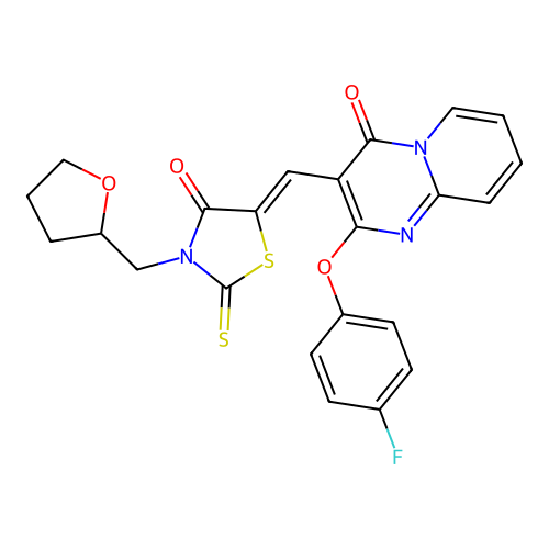 2-(4-fluorophenoxy)-3-{(Z)-[4-oxo-3-(tetrahydrofuran-2-ylmethyl)-2-thioxo-1,3-thiazolidin-5-ylidene]methyl}-4H-pyrido[1,2-a]pyrimidin-4-one structure