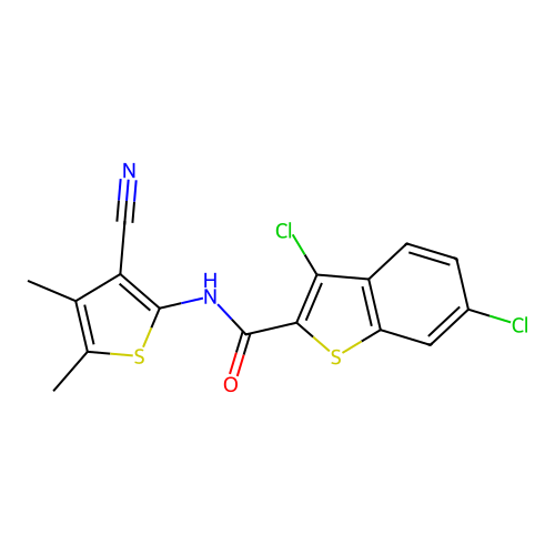 3,6-dichloro-N-(3-cyano-4,5-dimethylthiophen-2-yl)-1-benzothiophene-2-carboxamide structure