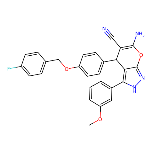 6-amino-4-(4-((4-fluorobenzyl)oxy)phenyl)-3-(3-methoxyphenyl)-1,4-dihydropyrano[2,3-c]pyrazole-5-carbonitrile structure