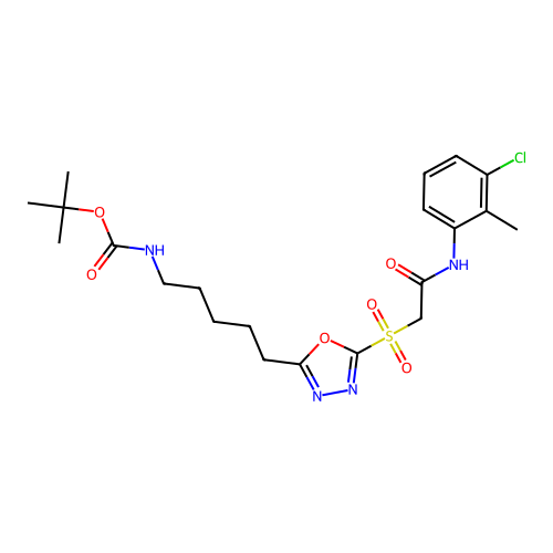 tert-butyl (5-(5-((2-((3-chloro-2-methylphenyl)amino)-2-oxoethyl)sulfonyl)-1,3,4-oxadiazol-2-yl)pentyl)carbamate structure