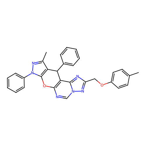 10-methyl-2-[(4-methylphenoxy)methyl]-8,11-diphenyl-8,11-dihydropyrazolo[4',3':5,6]pyrano[3,2-e][1,2,4]triazolo[1,5-c]pyrimidine structure