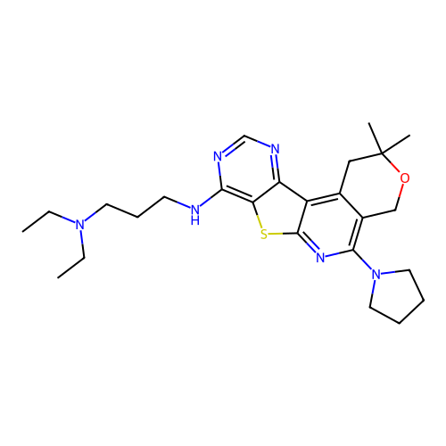 N'-[2,2-dimethyl-5-(pyrrolidin-1-yl)-1,4-dihydro-2H-pyrano[4'',3'':4',5']pyrido[3',2':4,5]thieno[3,2-d]pyrimidin-8-yl]-N,N-diethylpropane-1,3-diamine structure