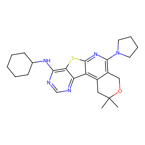 N-cyclohexyl-2,2-dimethyl-5-(pyrrolidin-1-yl)-1,4-dihydro-2H-pyrano[4'',3'':4',5']pyrido[3',2':4,5]thieno[3,2-d]pyrimidin-8-amine structure