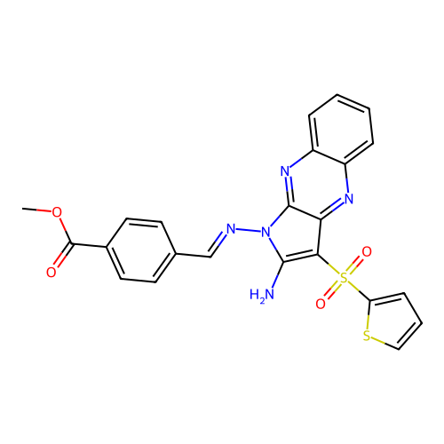 (E)-methyl 4-(((2-amino-3-(thiophen-2-ylsulfonyl)-1H-pyrrolo[2,3-b]quinoxalin-1-yl)imino)methyl)benzoate structure