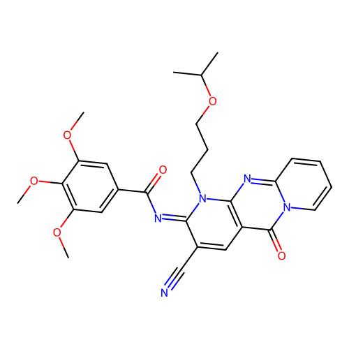 (E)-N-(3-cyano-1-(3-isopropoxypropyl)-5-oxo-1H-dipyrido[1,2-a:2',3'-d]pyrimidin-2(5H)-ylidene)-3,4,5-trimethoxybenzamide structure