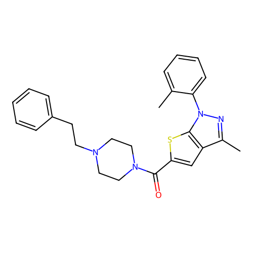 (3-methyl-1-(o-tolyl)-1H-thieno[2,3-c]pyrazol-5-yl)(4-phenethylpiperazin-1-yl)methanone structure