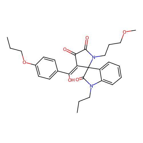(3'E)-3'-[hydroxy(4-propoxyphenyl)methylidene]-1'-(3-methoxypropyl)-1-propylspiro[indole-3,2'-pyrrolidine]-2,4',5'(1H)-trione structure