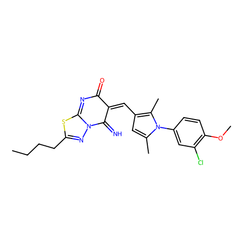 (6E)-2-butyl-6-[[1-(3-chloro-4-methoxyphenyl)-2,5-dimethylpyrrol-3-yl]methylidene]-5-imino-[1,3,4]thiadiazolo[3,2-a]pyrimidin-7-one structure