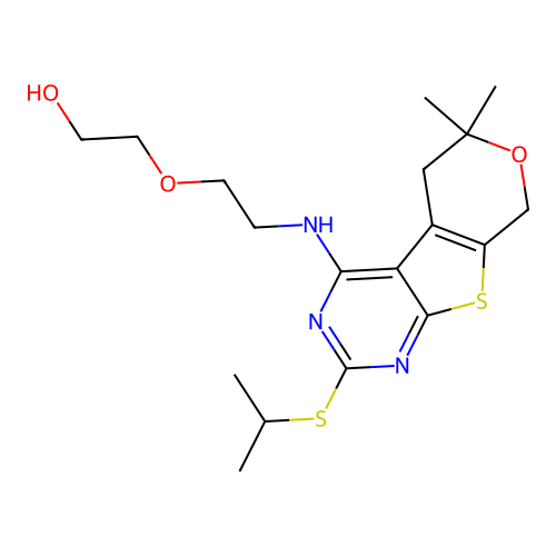 2-(2-((2-(isopropylthio)-6,6-dimethyl-6,8-dihydro-5H-pyrano[4',3':4,5]thieno[2,3-d]pyrimidin-4-yl)amino)ethoxy)ethanol structure