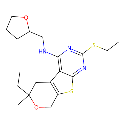 6-ethyl-2-(ethylsulfanyl)-6-methyl-N-(tetrahydrofuran-2-ylmethyl)-5,8-dihydro-6H-pyrano[4',3':4,5]thieno[2,3-d]pyrimidin-4-amine structure