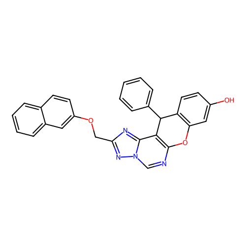 2-[(naphthalen-2-yloxy)methyl]-12-phenyl-12H-chromeno[3,2-e][1,2,4]triazolo[1,5-c]pyrimidin-9-ol structure