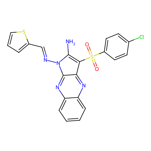 (E)-3-((4-chlorophenyl)sulfonyl)-N1-(thiophen-2-ylmethylene)-1H-pyrrolo[2,3-b]quinoxaline-1,2-diamine structure