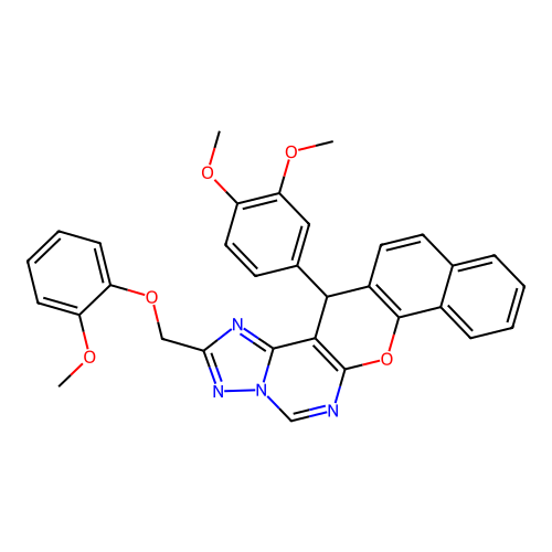 14-(3,4-dimethoxyphenyl)-2-[(2-methoxyphenoxy)methyl]-14H-benzo[7,8]chromeno[3,2-e][1,2,4]triazolo[1,5-c]pyrimidine structure