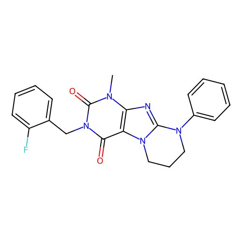 3-(2-fluorobenzyl)-1-methyl-9-phenyl-6,7,8,9-tetrahydropyrimido[2,1-f]purine-2,4(1H,3H)-dione structure