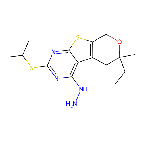 6-ethyl-4-hydrazinyl-2-(isopropylthio)-6-methyl-6,8-dihydro-5H-pyrano[4',3':4,5]thieno[2,3-d]pyrimidine structure