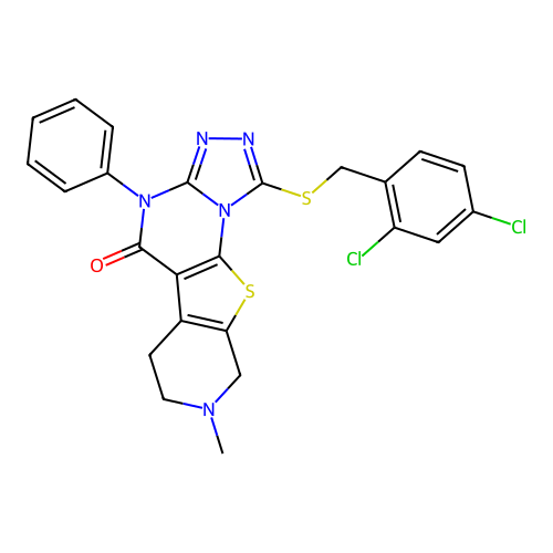 1-((2,4-dichlorobenzyl)thio)-8-methyl-4-phenyl-6,7,8,9-tetrahydropyrido[4',3':4,5]thieno[3,2-e][1,2,4]triazolo[4,3-a]pyrimidin-5(4H)-one structure