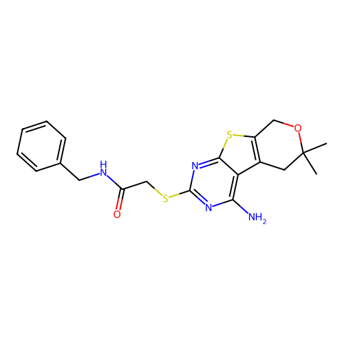 2-((4-amino-6,6-dimethyl-6,8-dihydro-5H-pyrano[4',3':4,5]thieno[2,3-d]pyrimidin-2-yl)thio)-N-benzylacetamide structure
