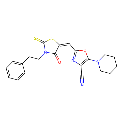 (E)-2-((4-oxo-3-phenethyl-2-thioxothiazolidin-5-ylidene)methyl)-5-(piperidin-1-yl)oxazole-4-carbonitrile structure