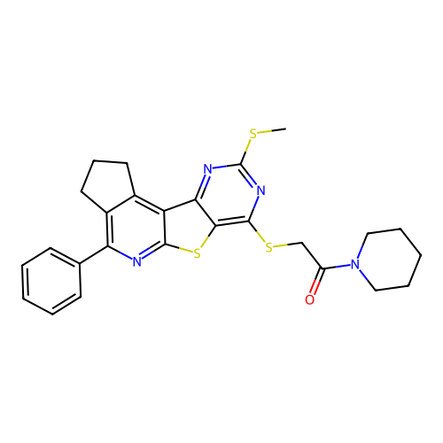 2-((9-(methylthio)-4-phenyl-2,3-dihydro-1H-cyclopenta[4',5']pyrido[3',2':4,5]thieno[3,2-d]pyrimidin-7-yl)thio)-1-(piperidin-1-yl)ethanone structure