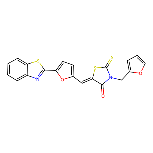 (5Z)-5-{[5-(1,3-benzothiazol-2-yl)furan-2-yl]methylidene}-3-(furan-2-ylmethyl)-2-thioxo-1,3-thiazolidin-4-one structure