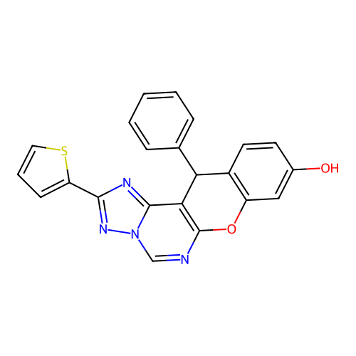 12-phenyl-2-(thiophen-2-yl)-12H-chromeno[3,2-e][1,2,4]triazolo[1,5-c]pyrimidin-9-ol structure