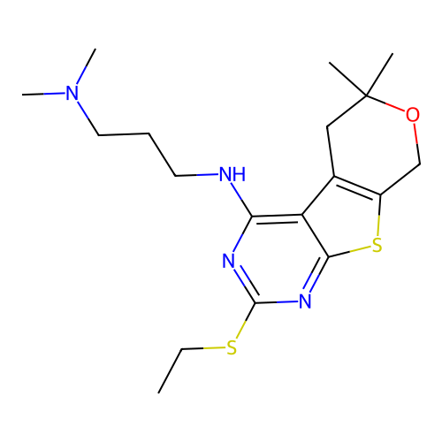 N'-[2-(ethylsulfanyl)-6,6-dimethyl-5,8-dihydro-6H-pyrano[4',3':4,5]thieno[2,3-d]pyrimidin-4-yl]-N,N-dimethylpropane-1,3-diamine structure