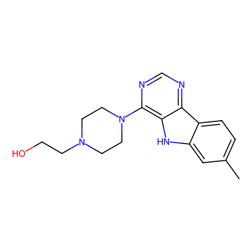 2-[4-(7-methyl-5H-pyrimido[5,4-b]indol-4-yl)piperazin-1-yl]ethanol structure