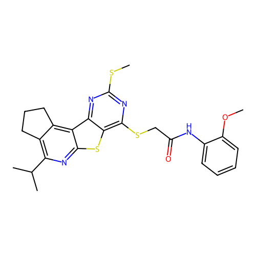 2-((4-isopropyl-9-(methylthio)-2,3-dihydro-1H-cyclopenta[4',5']pyrido[3',2':4,5]thieno[3,2-d]pyrimidin-7-yl)thio)-N-(2-methoxyphenyl)acetamide structure